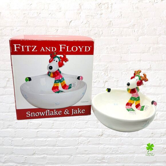 Snowflake And Jake Fitz And Floyd Candy Bowl Serving Christmas Dog Reindeer - Picture 3 of 16